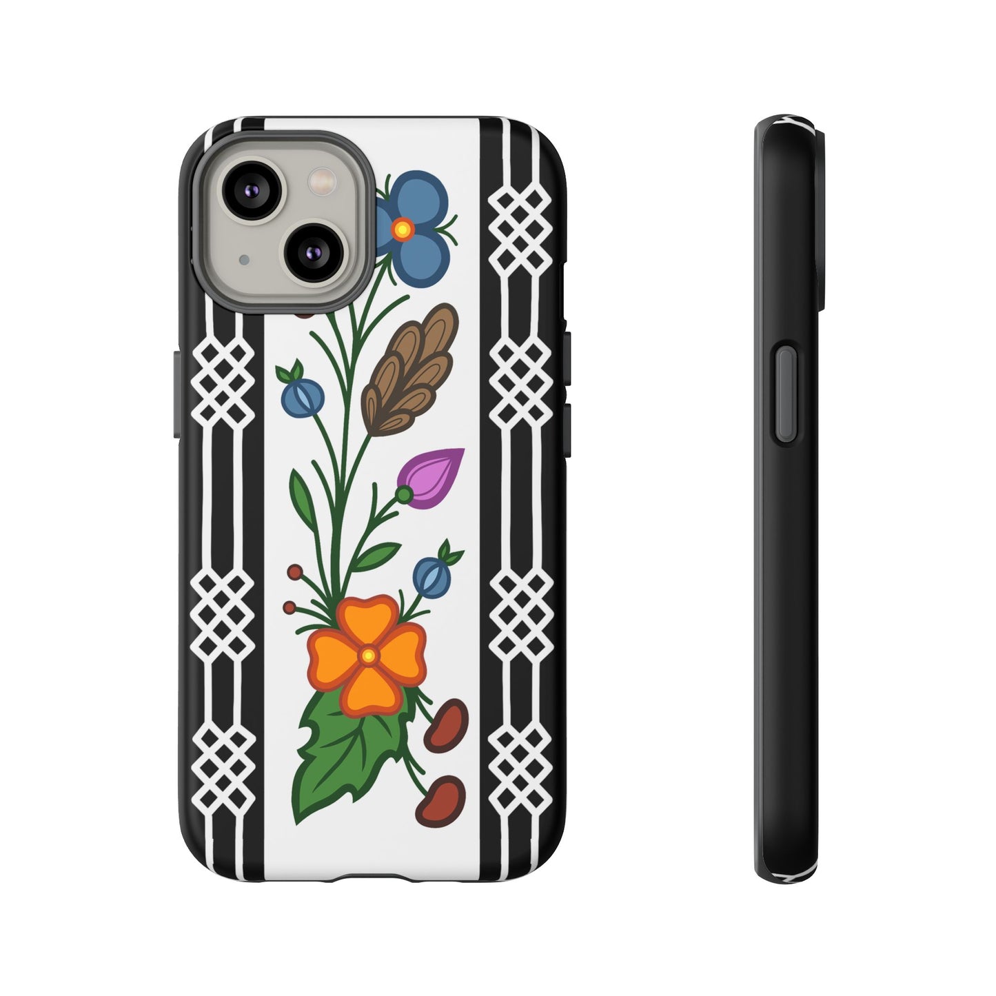 Ojibwe Floral Panel & Otter Track Geometric Border - Tough Phone Cases - Black