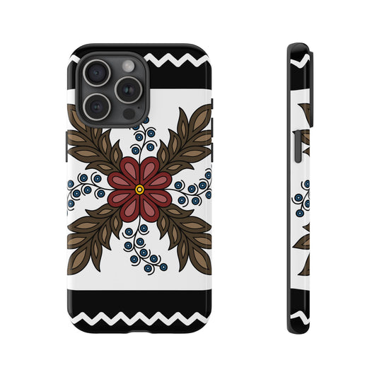 Traditional Style Ojibwe Floral Design With Zig-Zag Geometric Border Design - Tough Phone Cases - Black