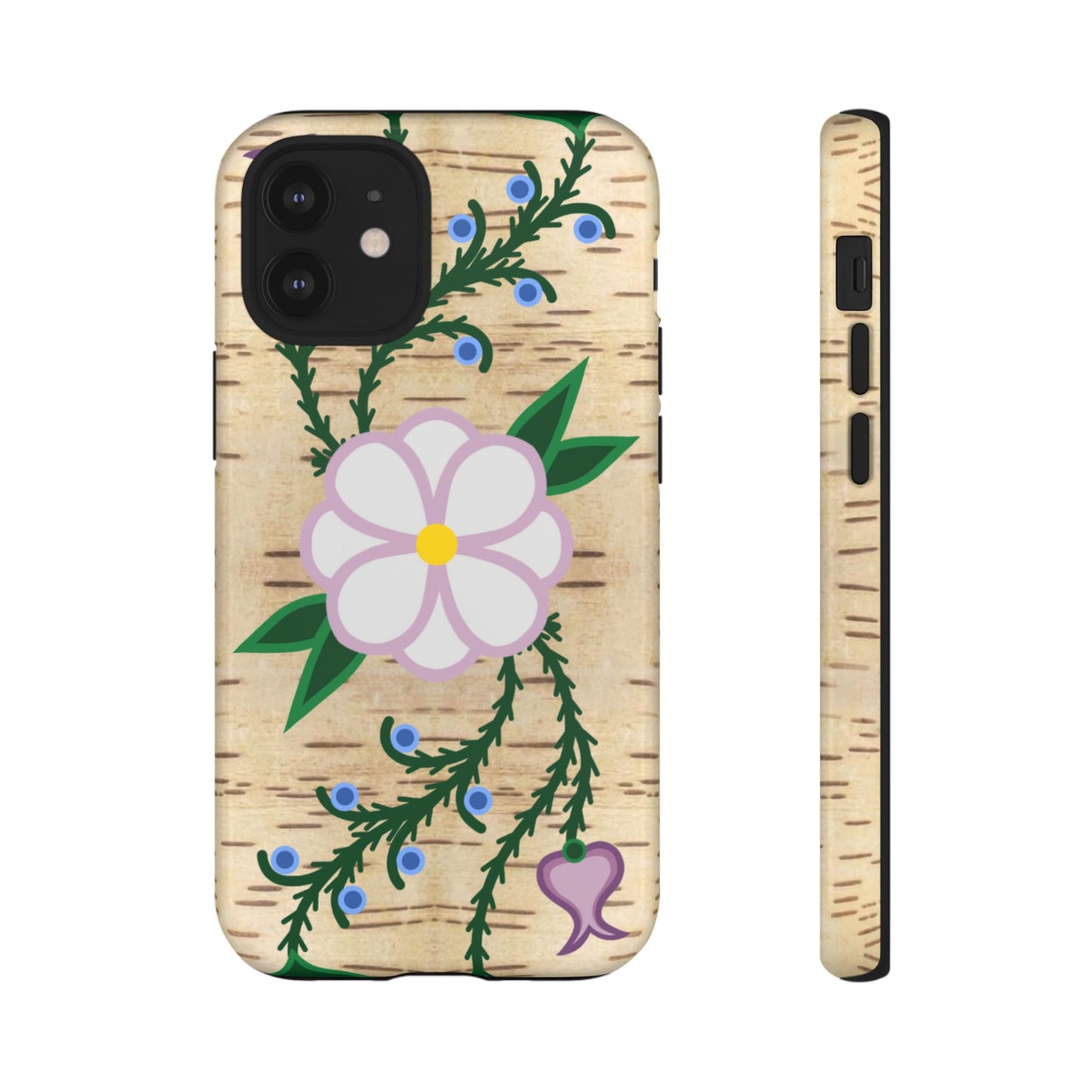 Birchbark Print Ojibwe Floral Tough Phone Cases - Black