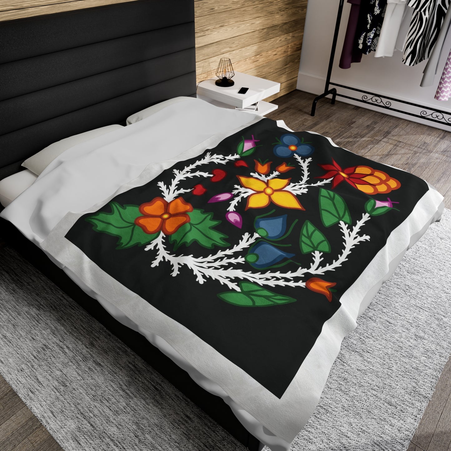 Woodland Florals - Traditonal Ojibwe Floral Design - 60"x80" Velveteen Plush Blanket