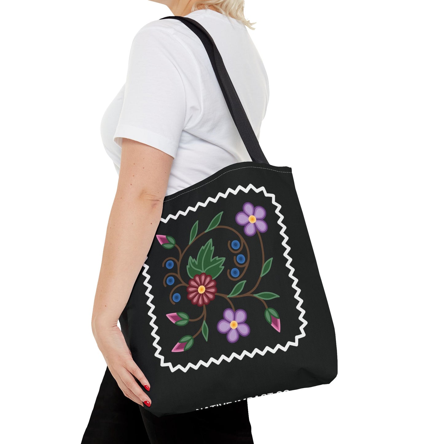 Woodland Style Ojibwe Floral Spiral Design - Tote Bag with Zig Zag Border Detail