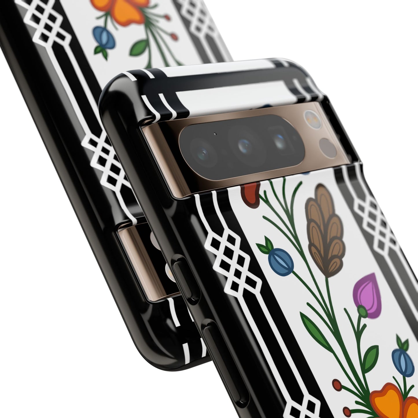 Ojibwe Floral Panel & Otter Track Geometric Border - Tough Phone Cases - Black