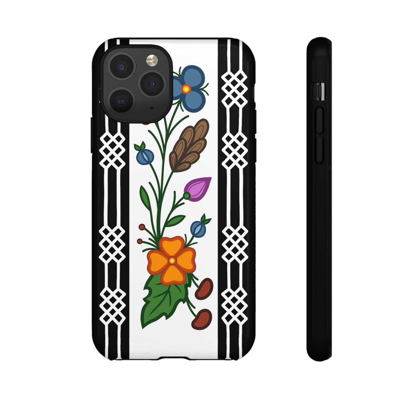 Ojibwe Floral Panel & Otter Track Geometric Border - Tough Phone Cases - Black