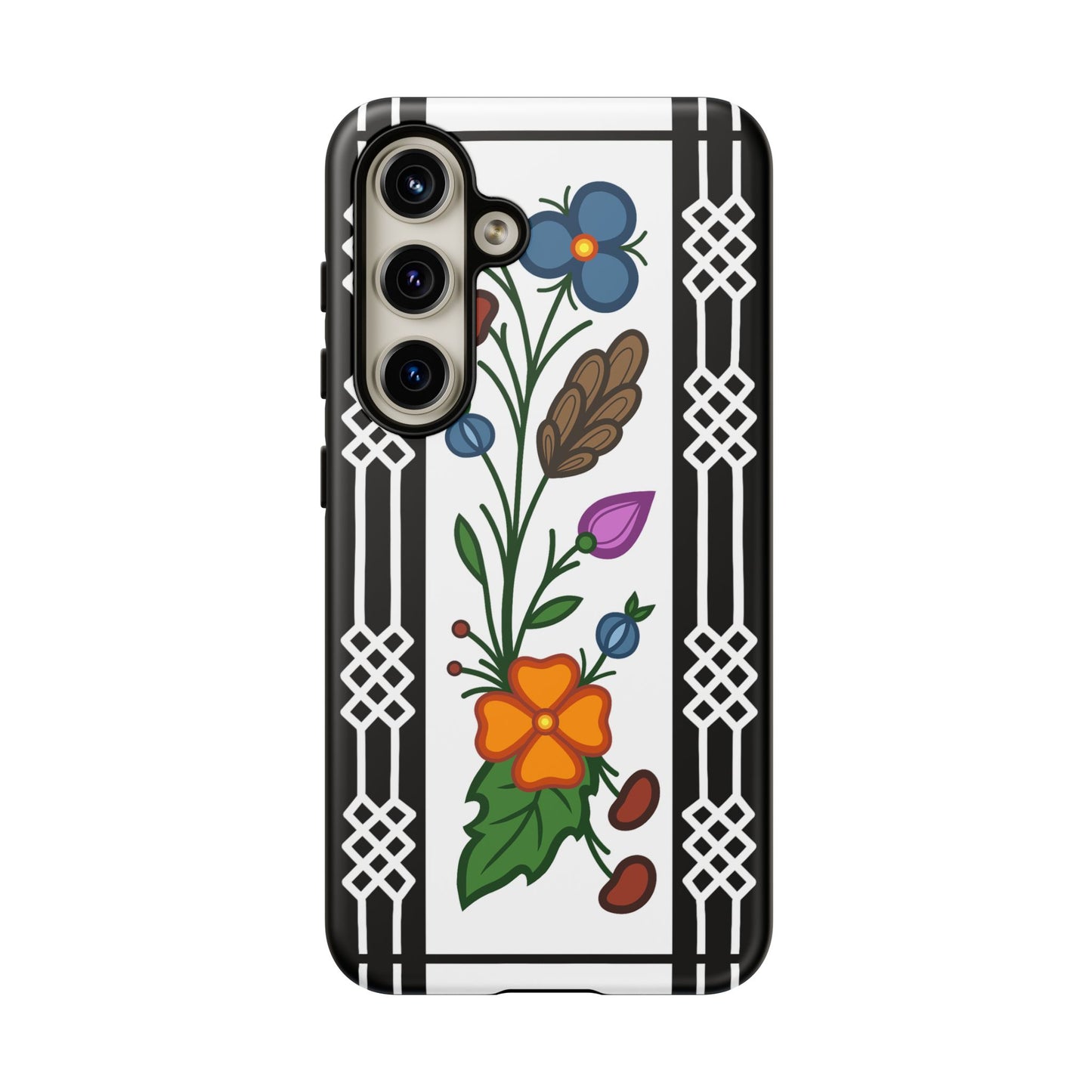 Ojibwe Floral Panel & Otter Track Geometric Border - Tough Phone Cases - Black