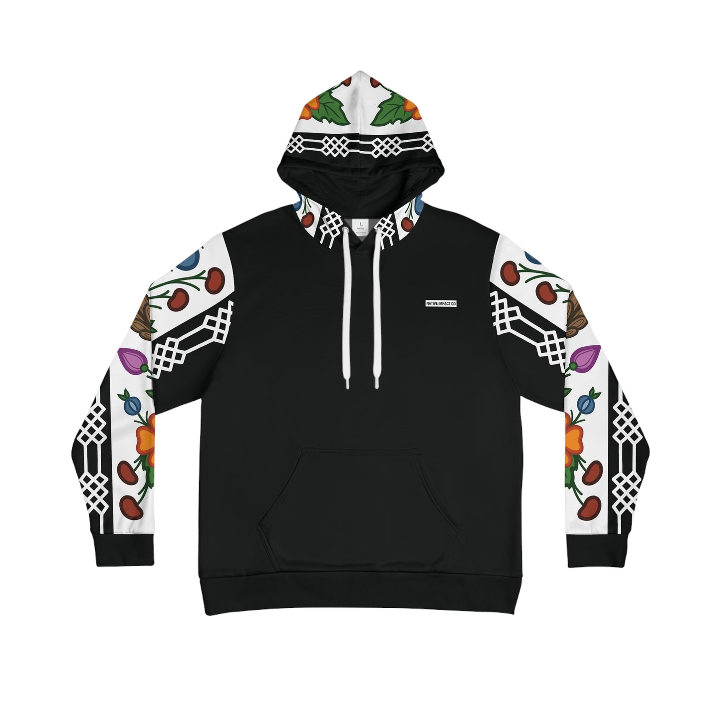 Ojibwe Floral Panel with Otter Track Geometric Borders - Sleeve & Hood Design - Unisex Hoodie