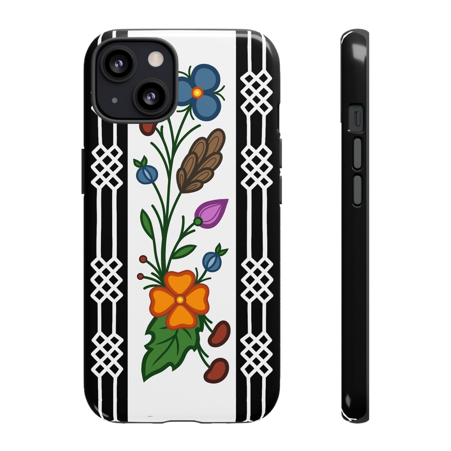 Ojibwe Floral Panel & Otter Track Geometric Border - Tough Phone Cases - Black