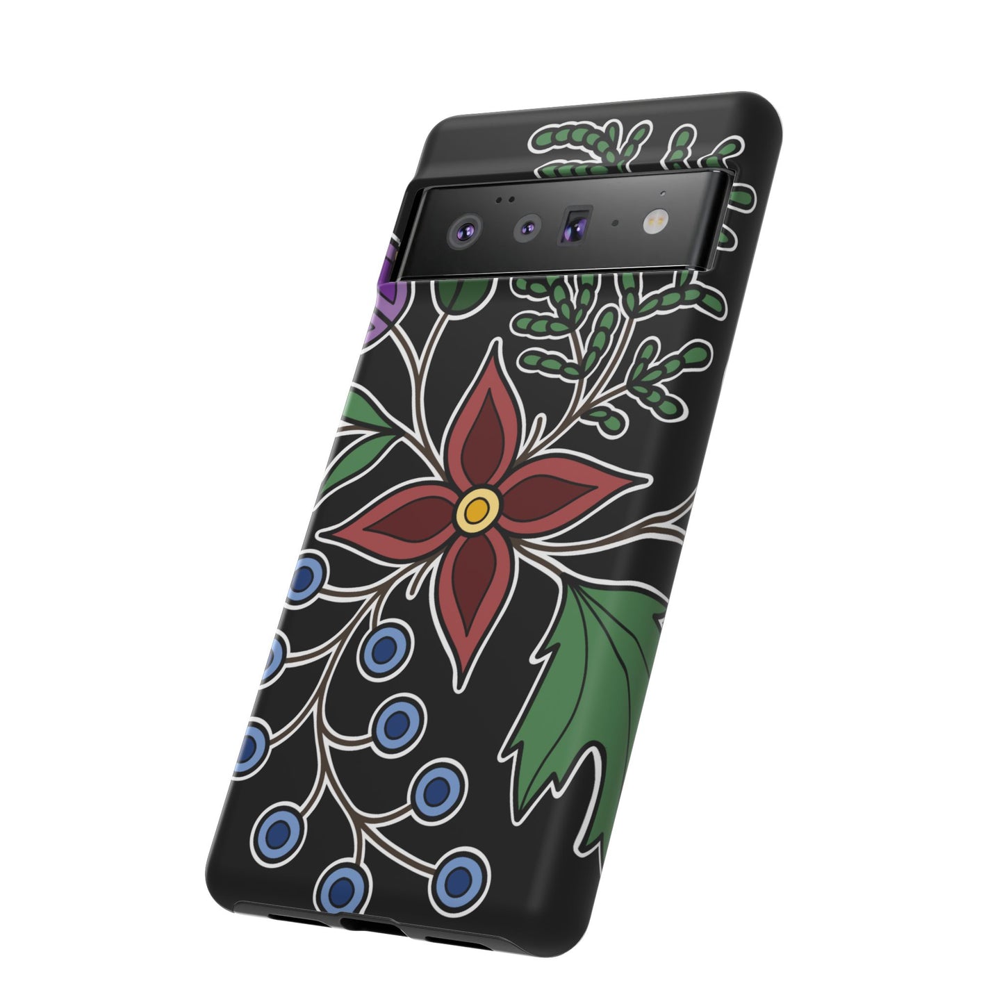 Giizhik (Cedar) & Miinan (Blueberries) Ojibwe Floral Tough Phone Cases - Black