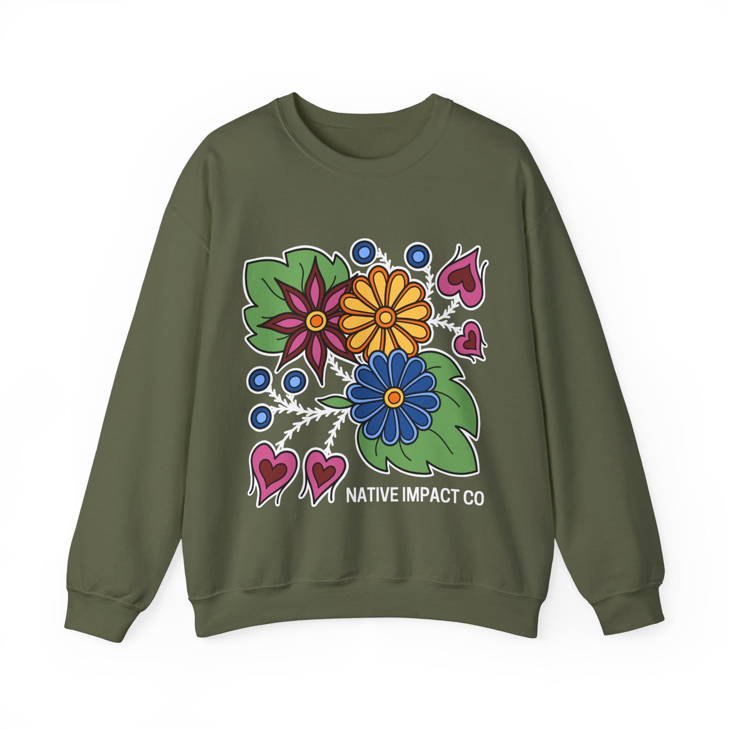 Hearts & Berries Contemporary Ojibwe Floral Design - Unisex Gildan Heavy Blend™ Crewneck Sweatshirt