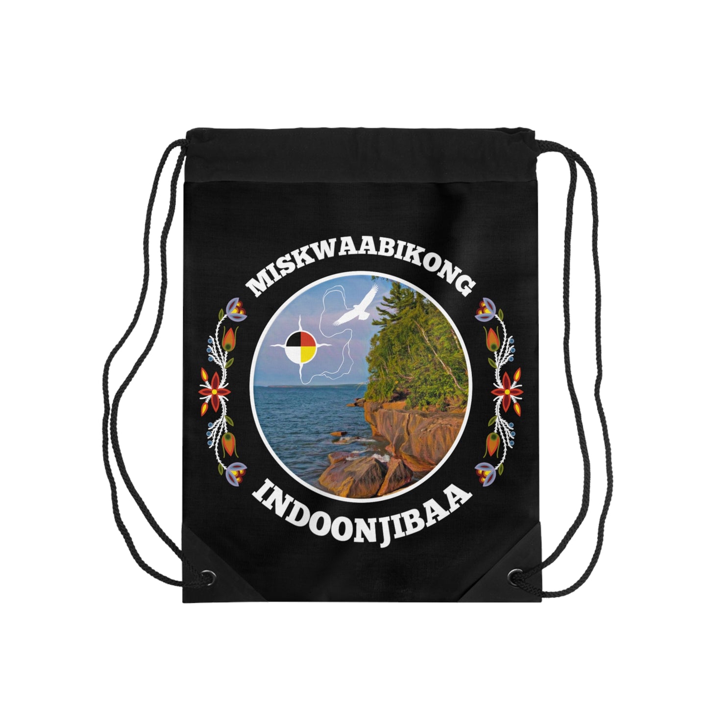 Red Cliff Shoreline & Ojibwe Florals - Drawstring Bag