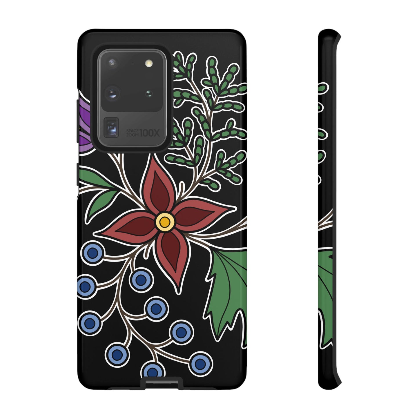 Giizhik (Cedar) & Miinan (Blueberries) Ojibwe Floral Tough Phone Cases - Black