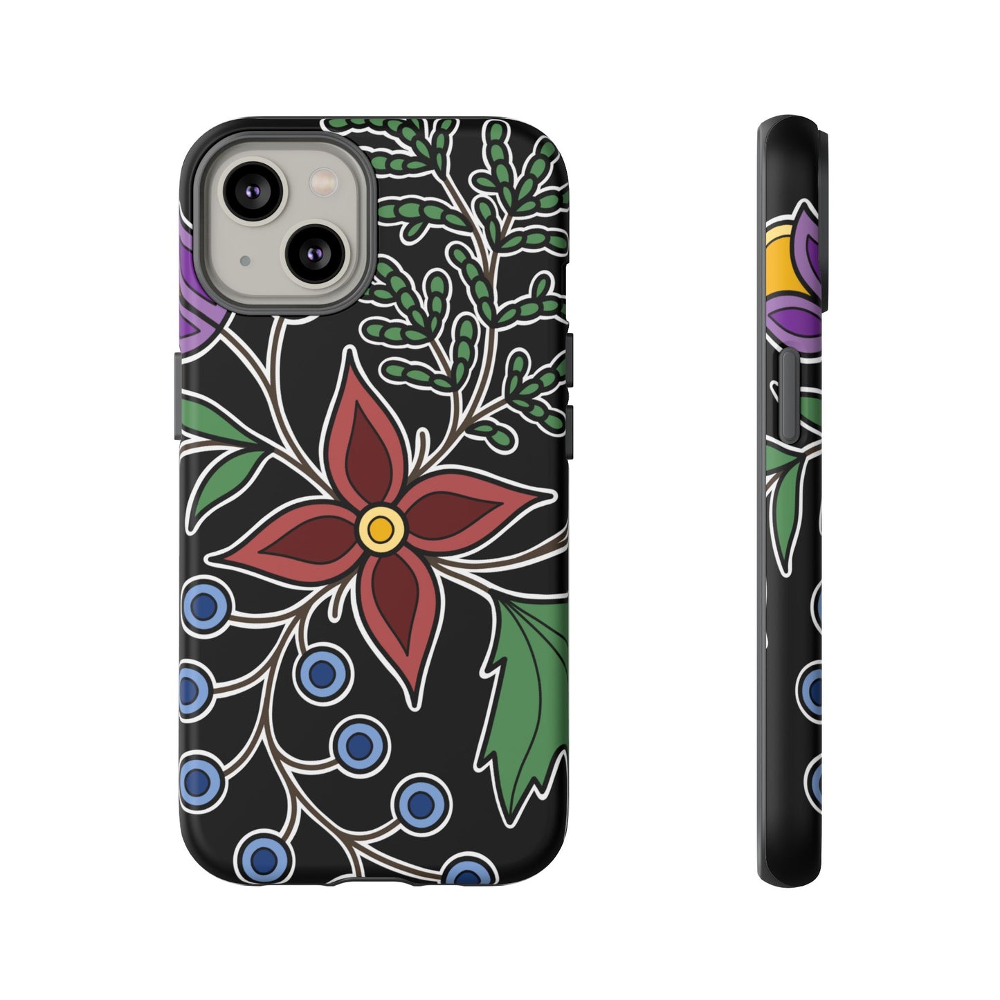 Giizhik (Cedar) & Miinan (Blueberries) Ojibwe Floral Tough Phone Cases - Black