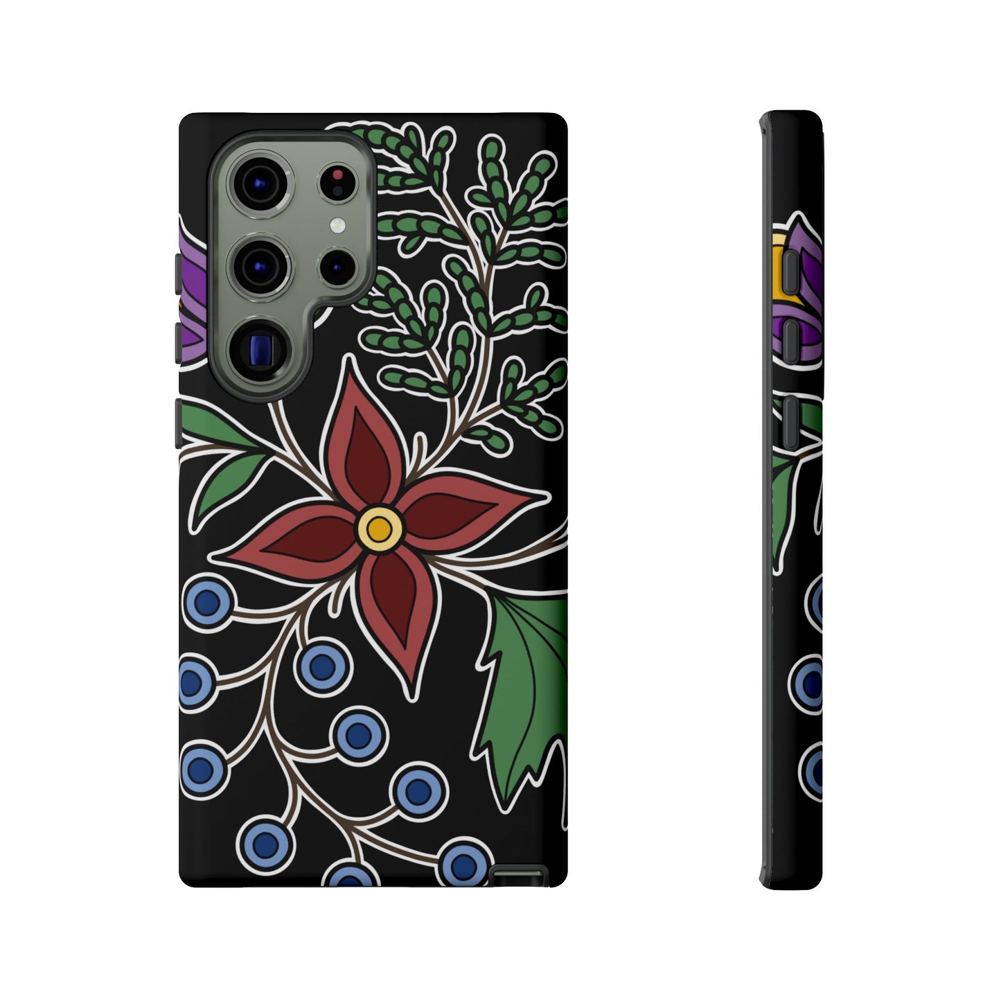 Giizhik (Cedar) & Miinan (Blueberries) Ojibwe Floral Tough Phone Cases - Black