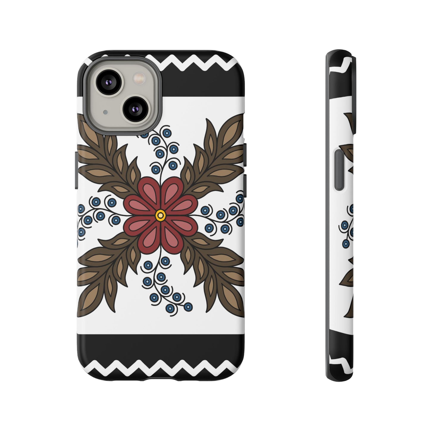 Traditional Style Ojibwe Floral Design With Zig-Zag Geometric Border Design - Tough Phone Cases - Black