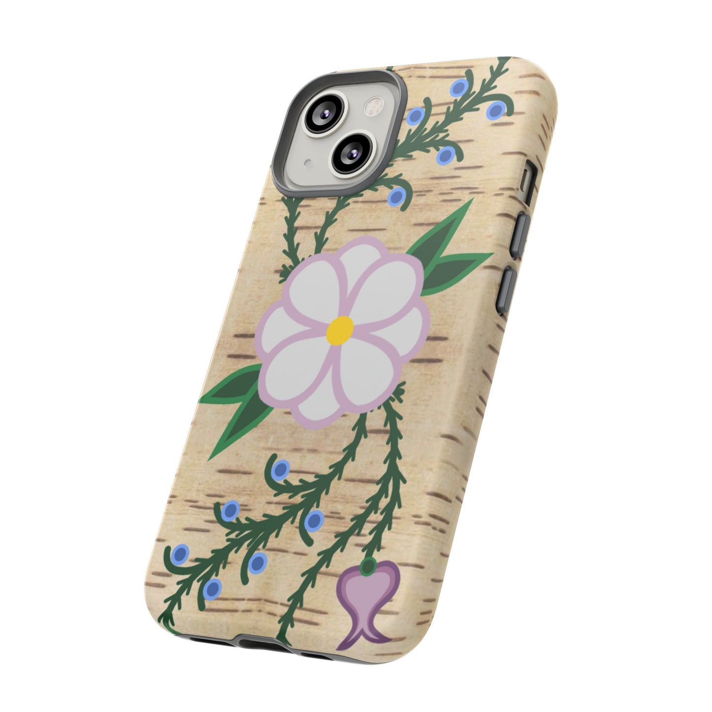 Birchbark Print Ojibwe Floral Tough Phone Cases - Black