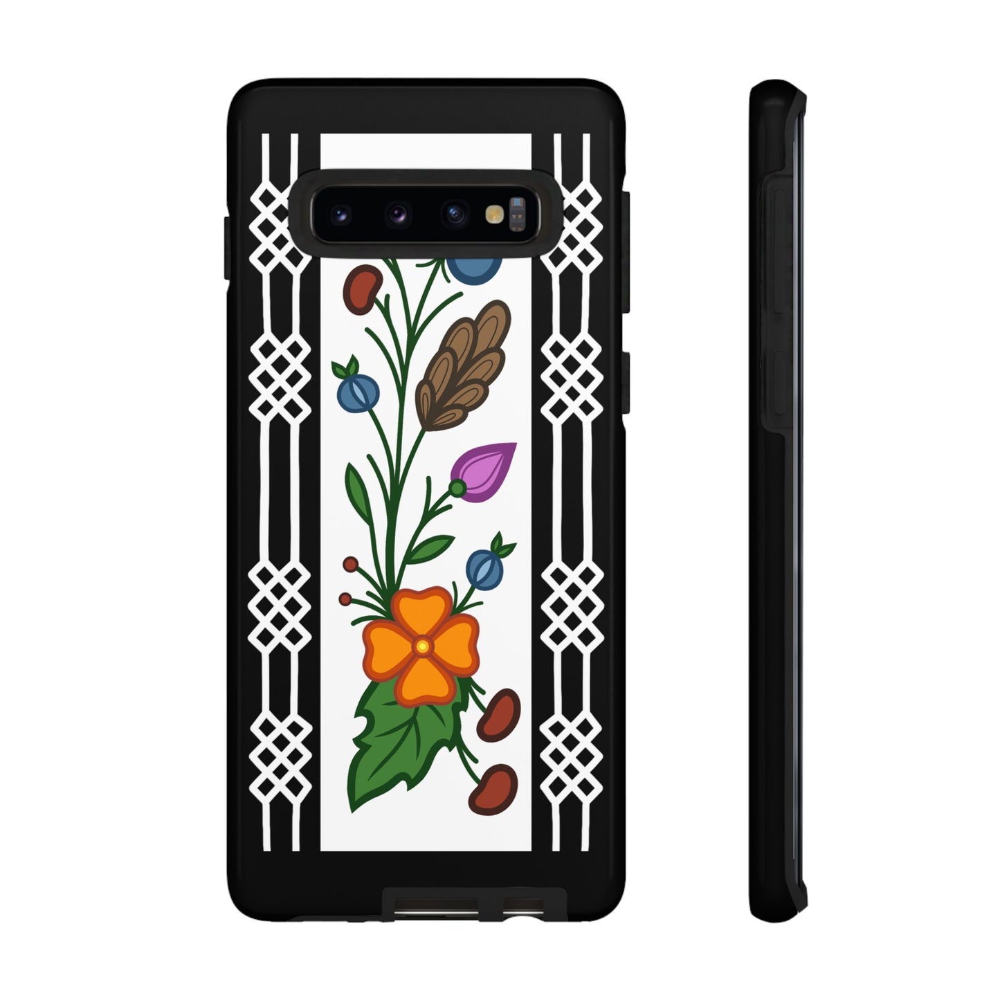 Ojibwe Floral Panel & Otter Track Geometric Border - Tough Phone Cases - Black