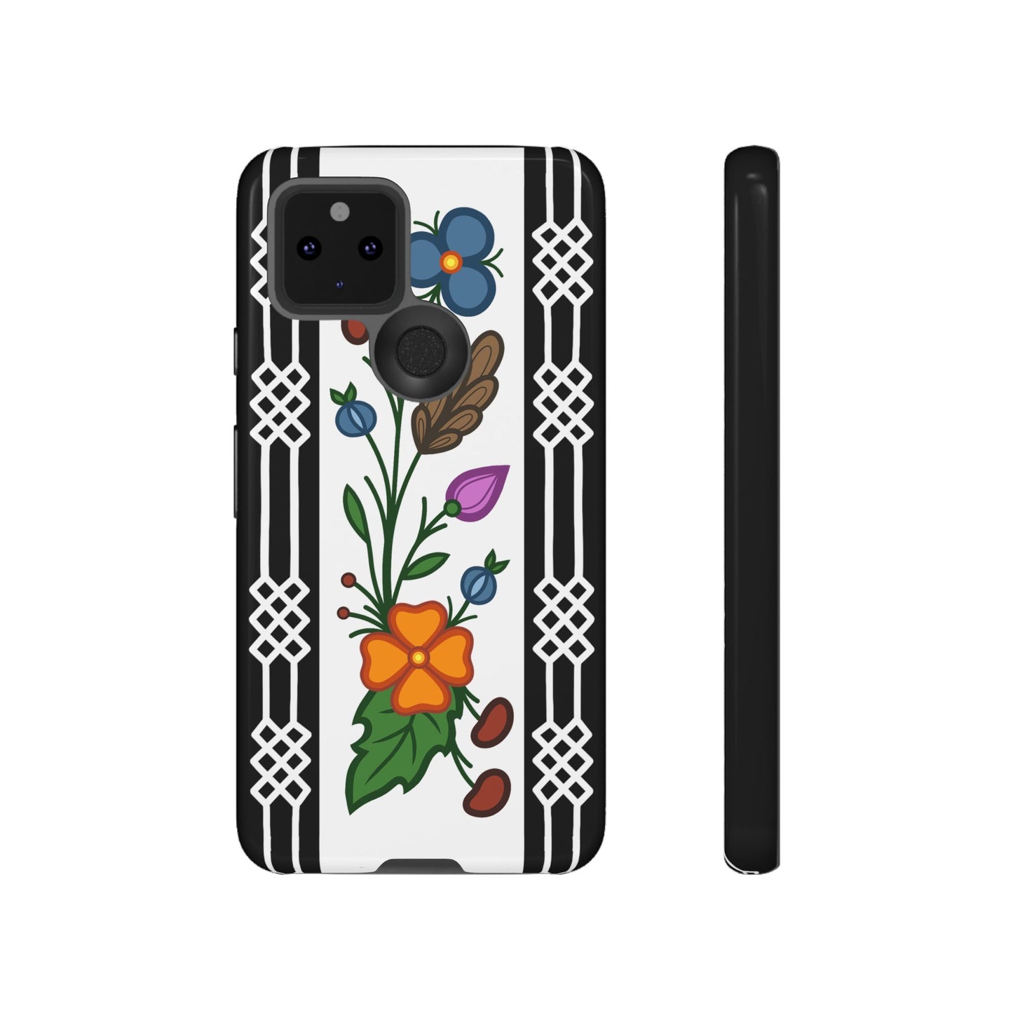 Ojibwe Floral Panel & Otter Track Geometric Border - Tough Phone Cases - Black