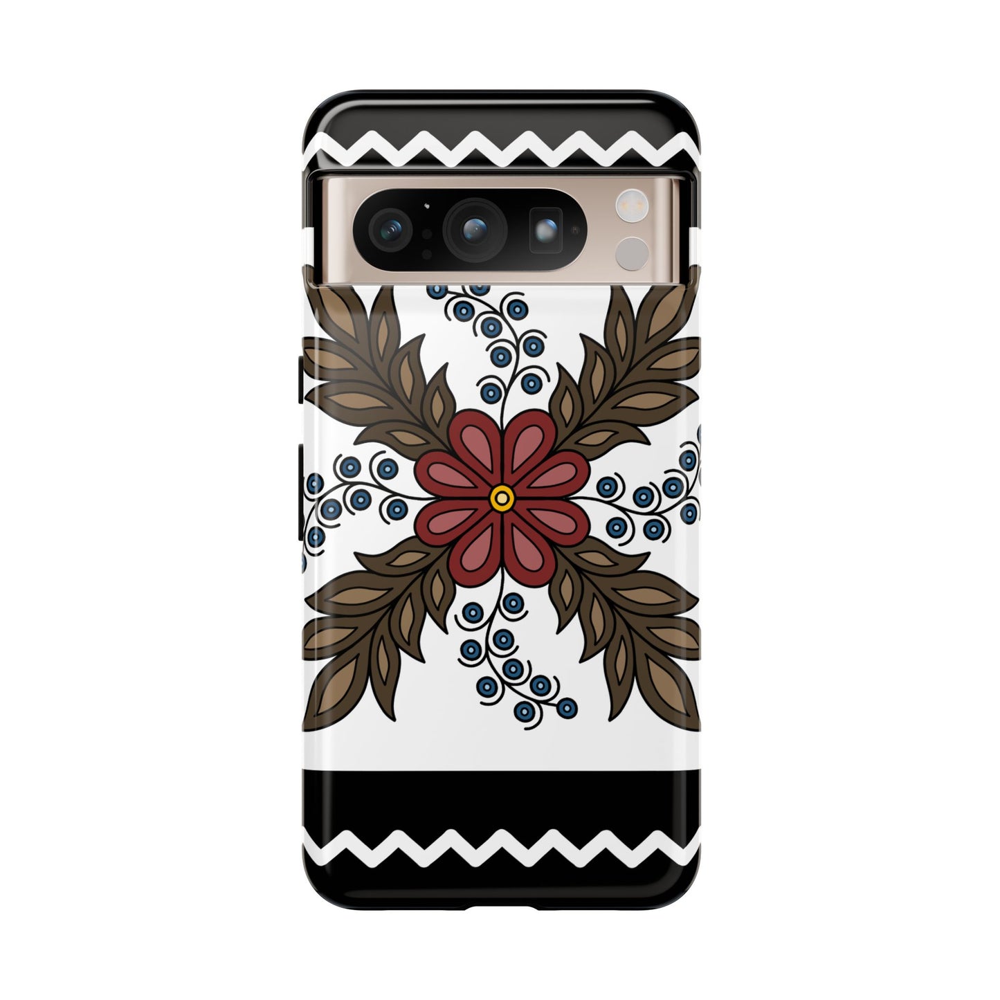 Traditional Style Ojibwe Floral Design With Zig-Zag Geometric Border Design - Tough Phone Cases - Black