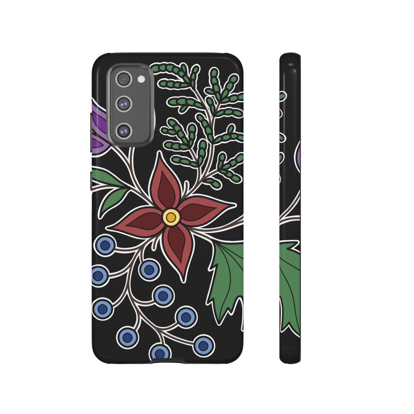 Giizhik (Cedar) & Miinan (Blueberries) Ojibwe Floral Tough Phone Cases - Black