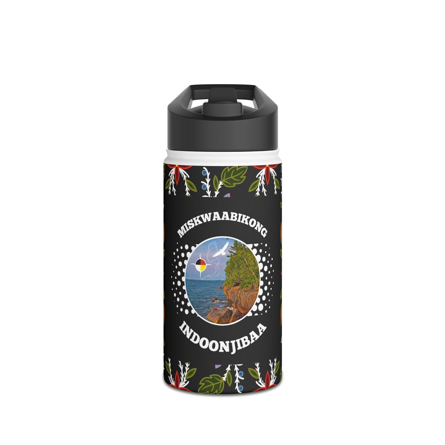 Red Cliff Shoreline & Ojibwe Florals - Stainless Steel Water Bottle, Standard Lid