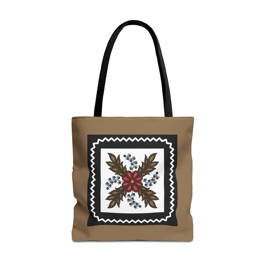 Traditional Style Ojibwe Floral With Zig-Zag Geometric Border Design - Tote Bag