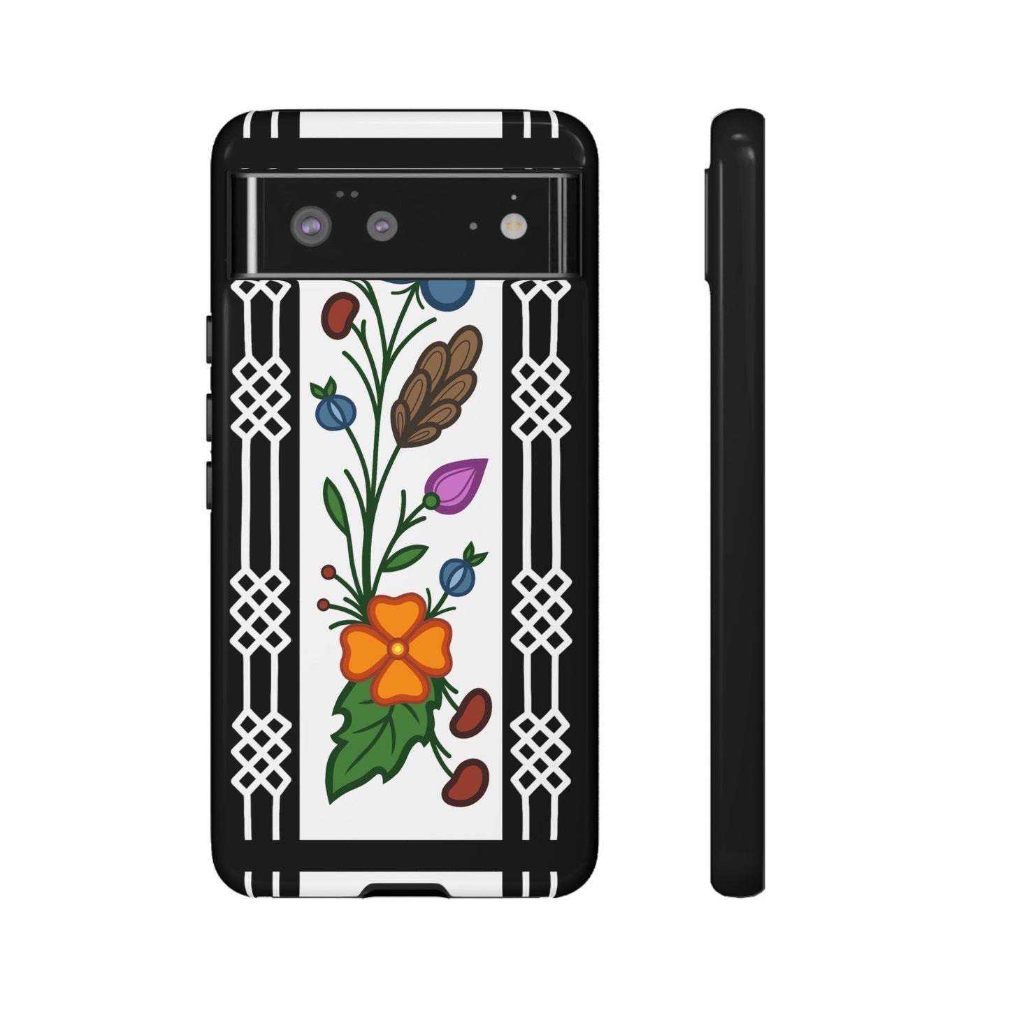 Ojibwe Floral Panel & Otter Track Geometric Border - Tough Phone Cases - Black