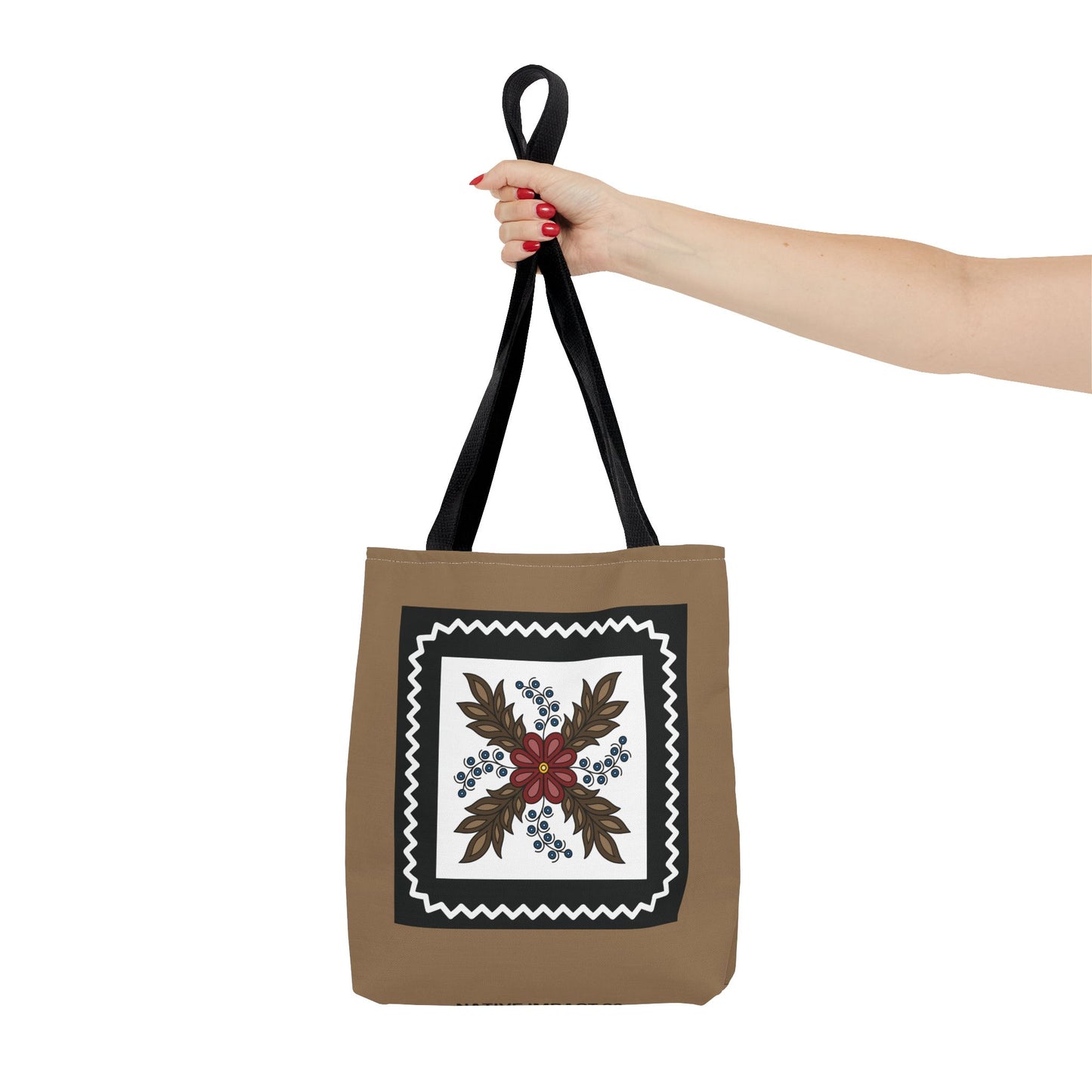 Traditional Style Ojibwe Floral With Zig-Zag Geometric Border Design - Tote Bag