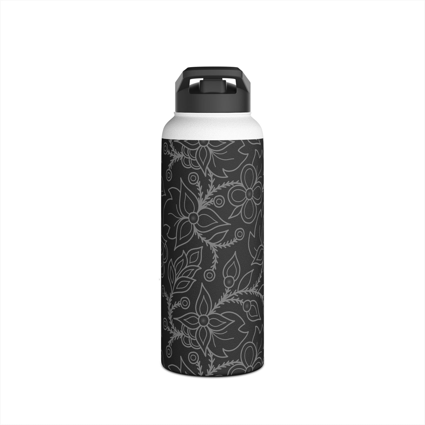 Ojibwe Floral All-Over-Print Design - Stainless Steel Water Bottle, Standard Lid - Black