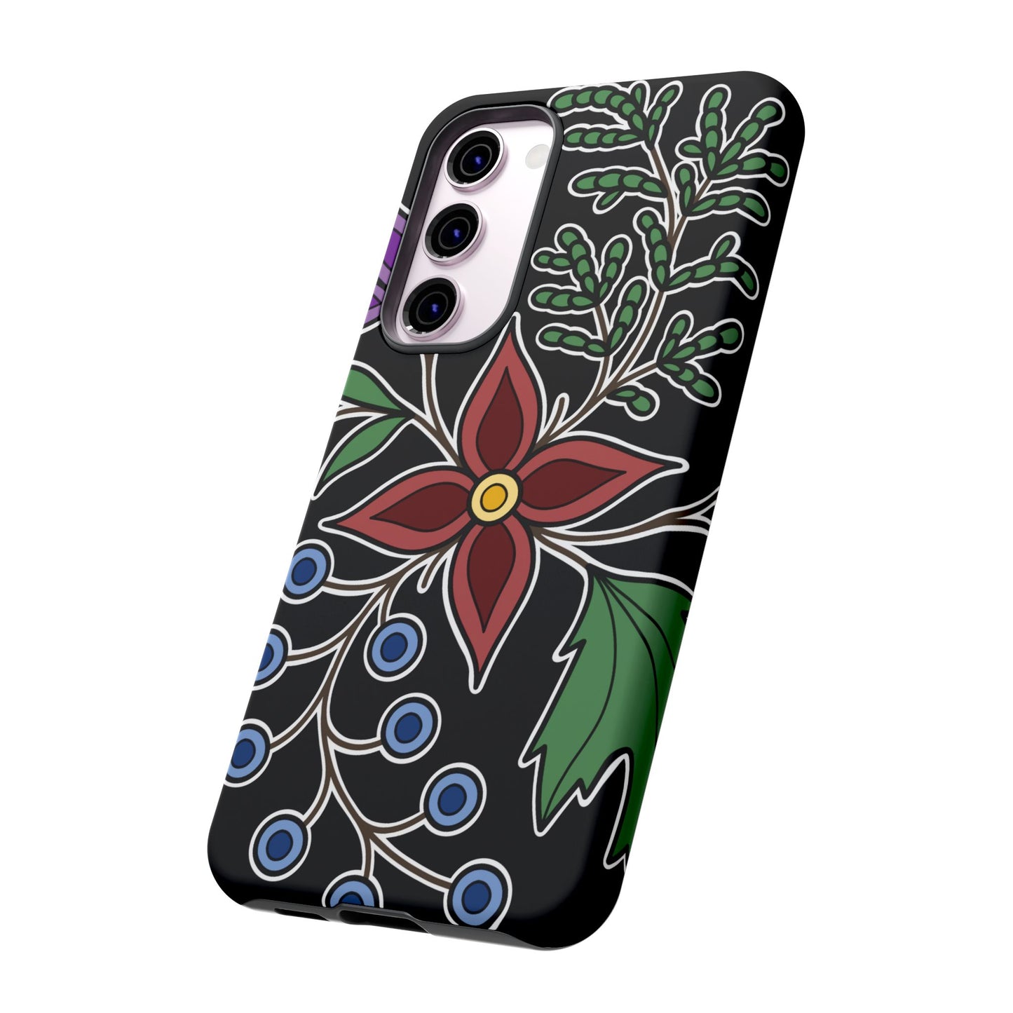 Giizhik (Cedar) & Miinan (Blueberries) Ojibwe Floral Tough Phone Cases - Black