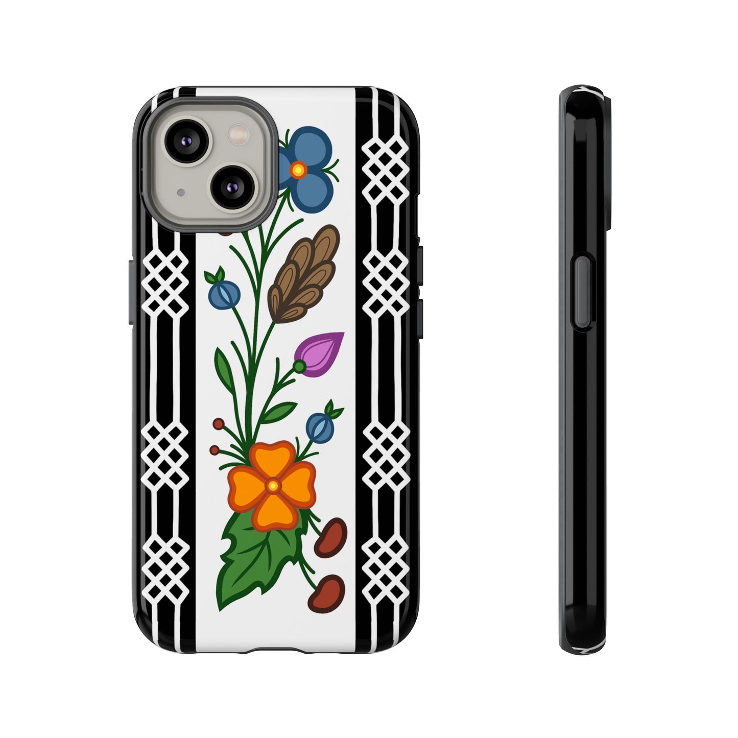 Ojibwe Floral Panel & Otter Track Geometric Border - Tough Phone Cases - Black