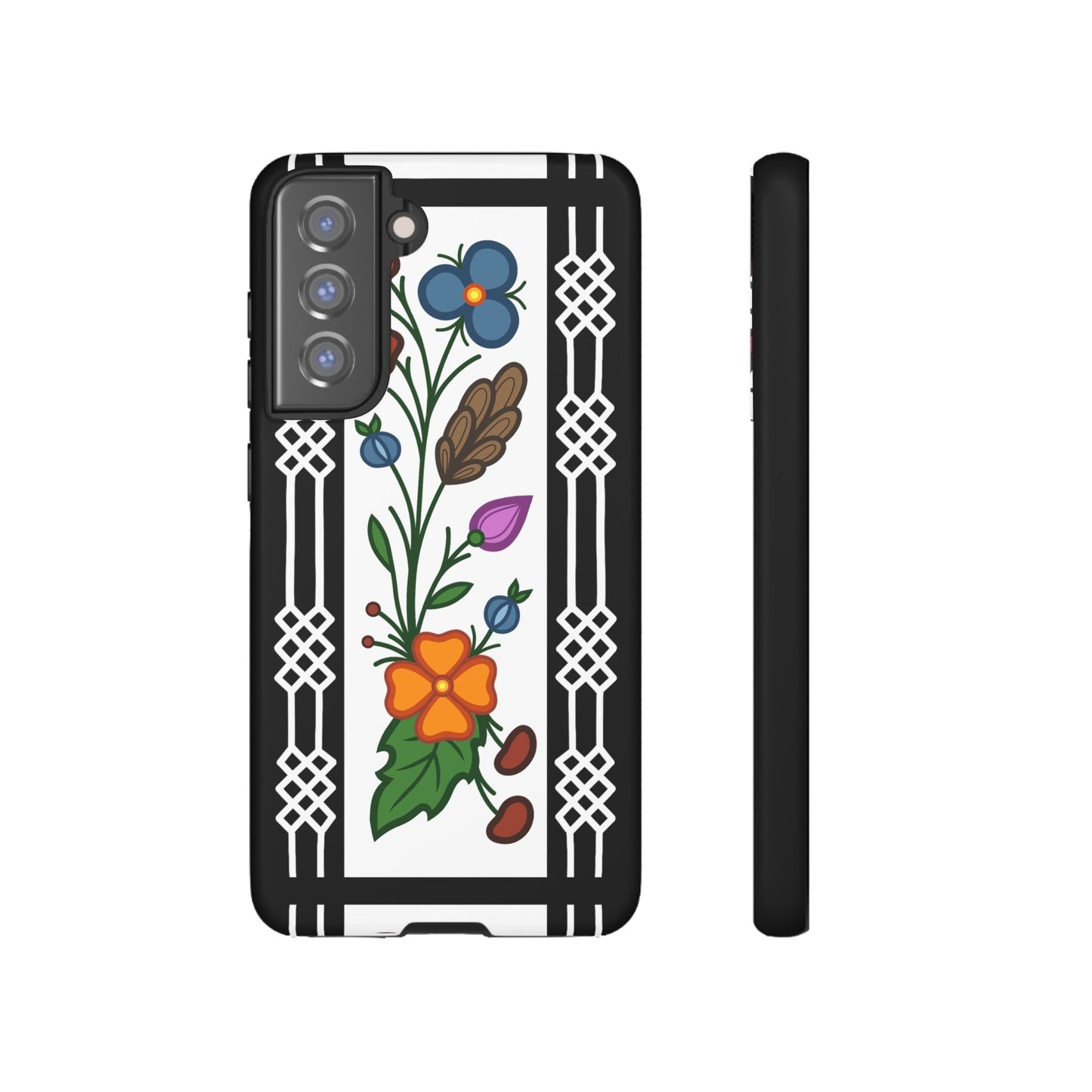 Ojibwe Floral Panel & Otter Track Geometric Border - Tough Phone Cases - Black