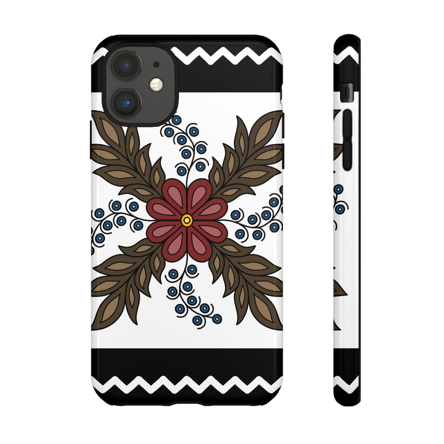 Traditional Style Ojibwe Floral Design With Zig-Zag Geometric Border Design - Tough Phone Cases - Black