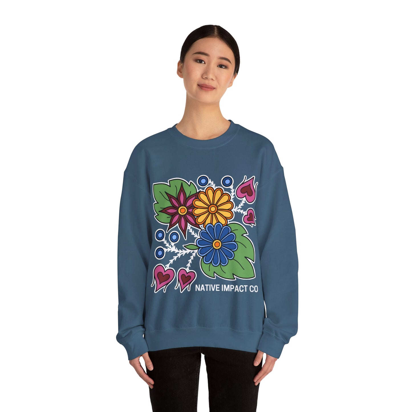 Hearts & Berries Contemporary Ojibwe Floral Design - Unisex Gildan Heavy Blend™ Crewneck Sweatshirt