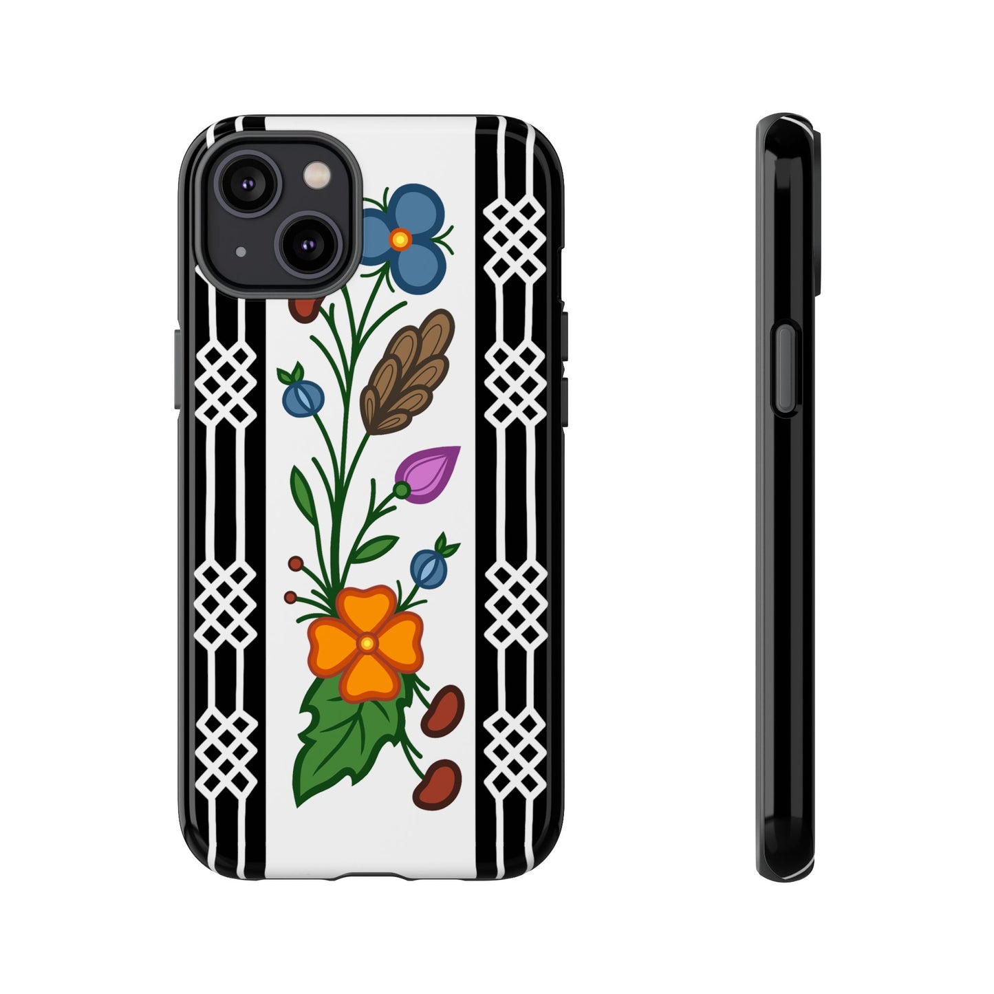 Ojibwe Floral Panel & Otter Track Geometric Border - Tough Phone Cases - Black