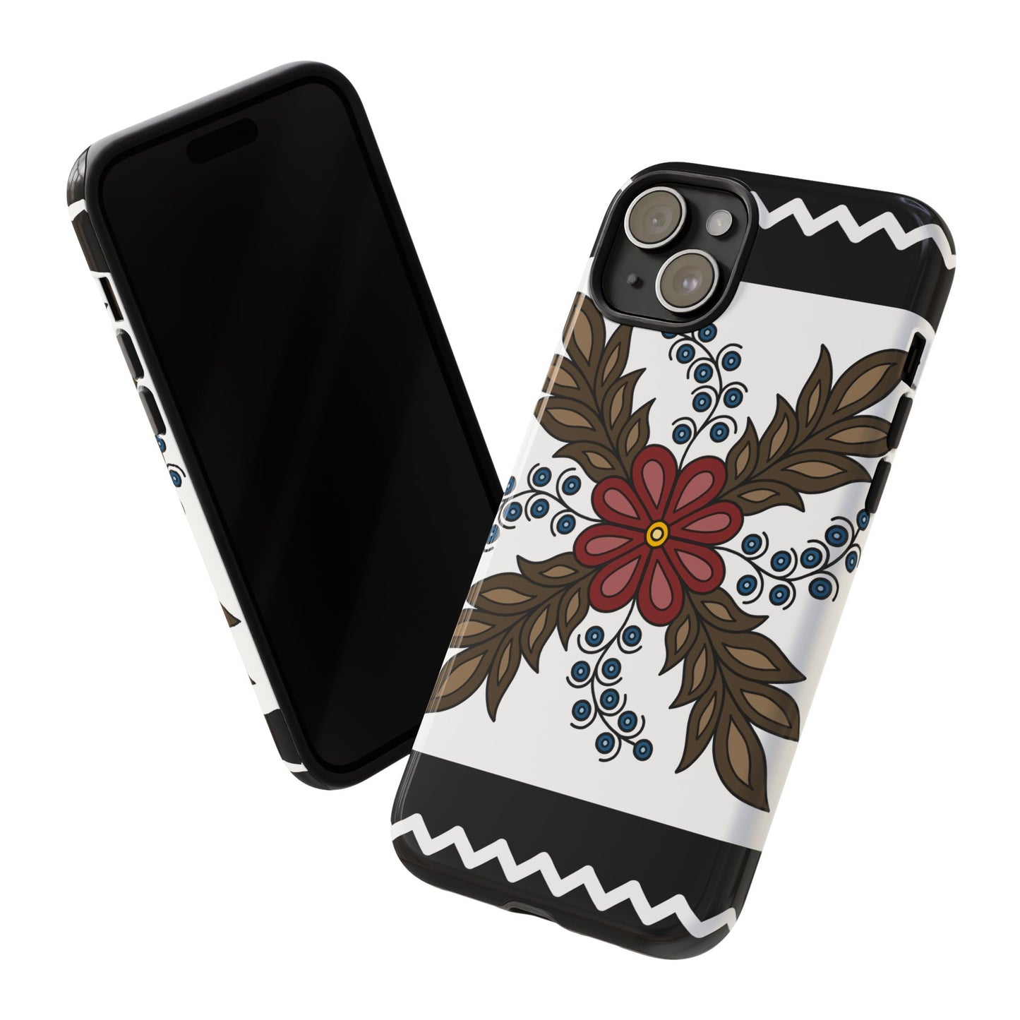 Traditional Style Ojibwe Floral Design With Zig-Zag Geometric Border Design - Tough Phone Cases - Black