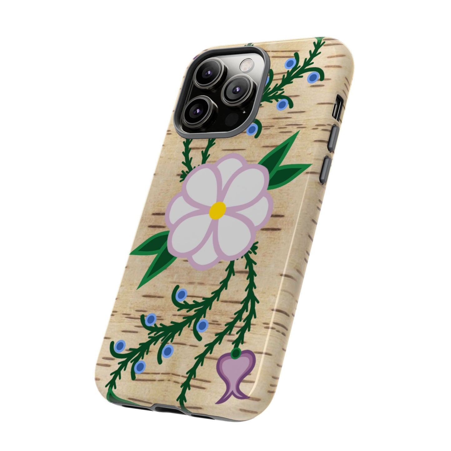 Birchbark Print Ojibwe Floral Tough Phone Cases - Black