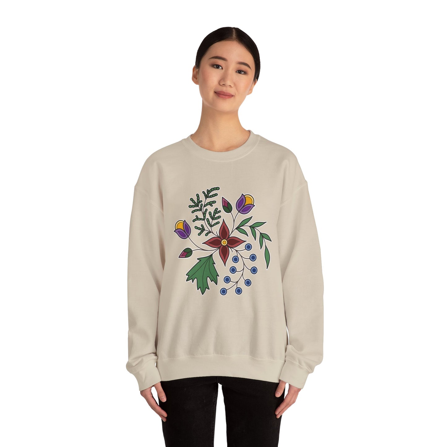 Giizhik / Cedar Ojibwe Floral Design - Unisex Gildan Heavy Blend™ Crewneck Sweatshirt