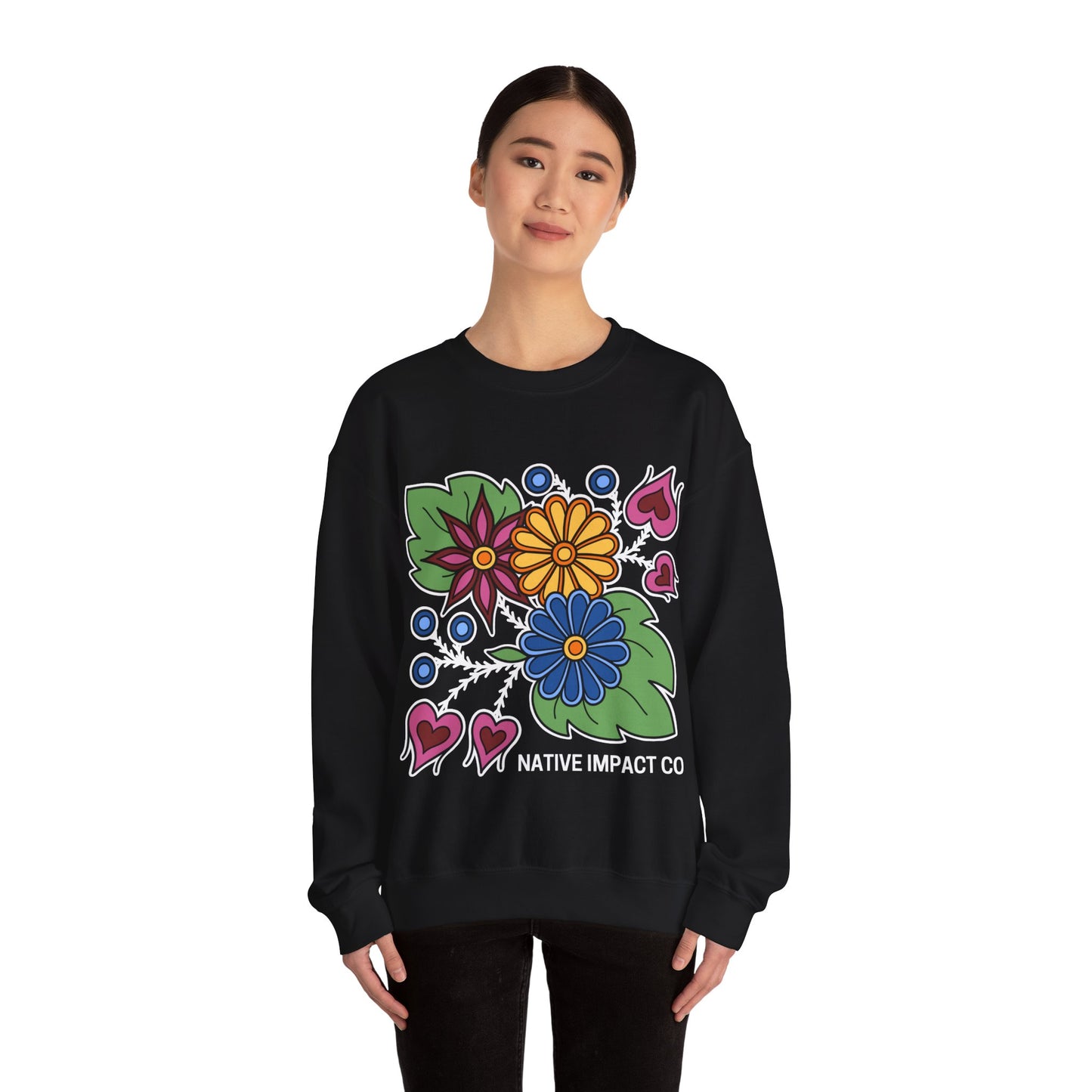 Hearts & Berries Contemporary Ojibwe Floral Design - Unisex Gildan Heavy Blend™ Crewneck Sweatshirt