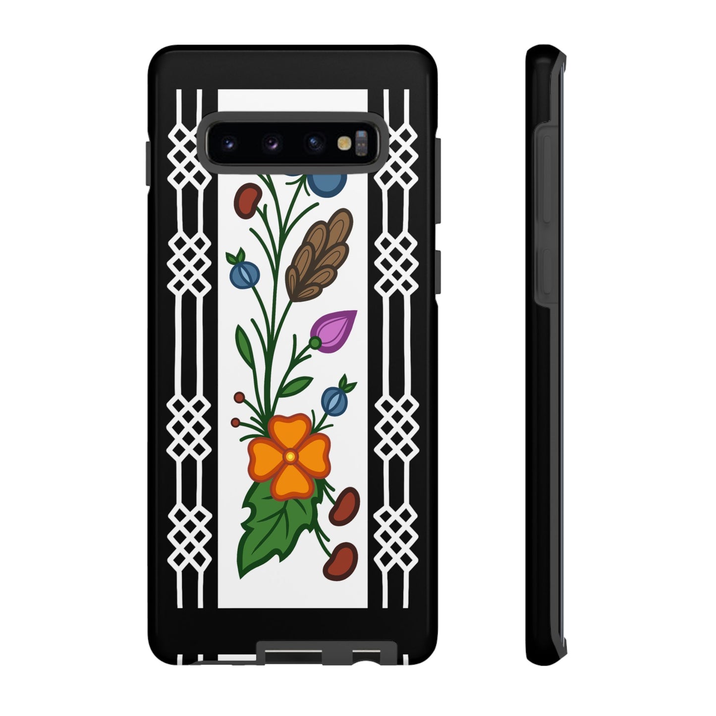 Ojibwe Floral Panel & Otter Track Geometric Border - Tough Phone Cases - Black