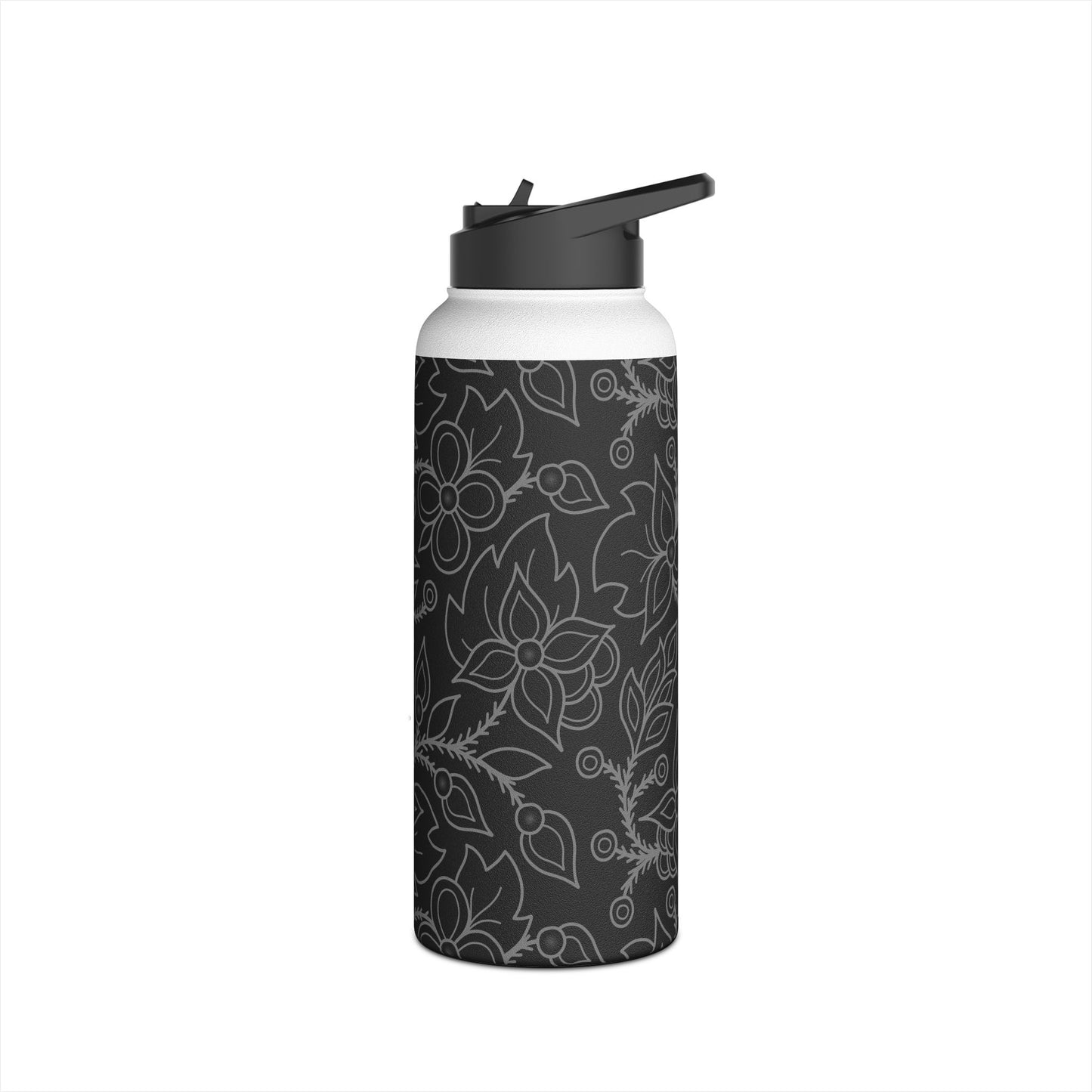 Ojibwe Floral All-Over-Print Design - Stainless Steel Water Bottle, Standard Lid - Black