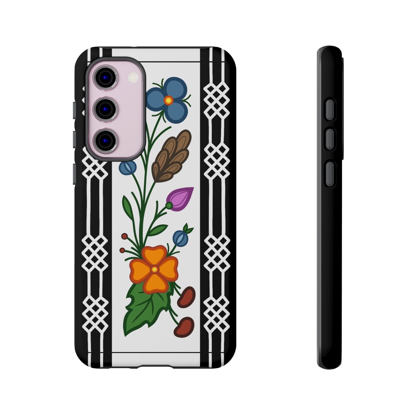 Ojibwe Floral Panel & Otter Track Geometric Border - Tough Phone Cases - Black