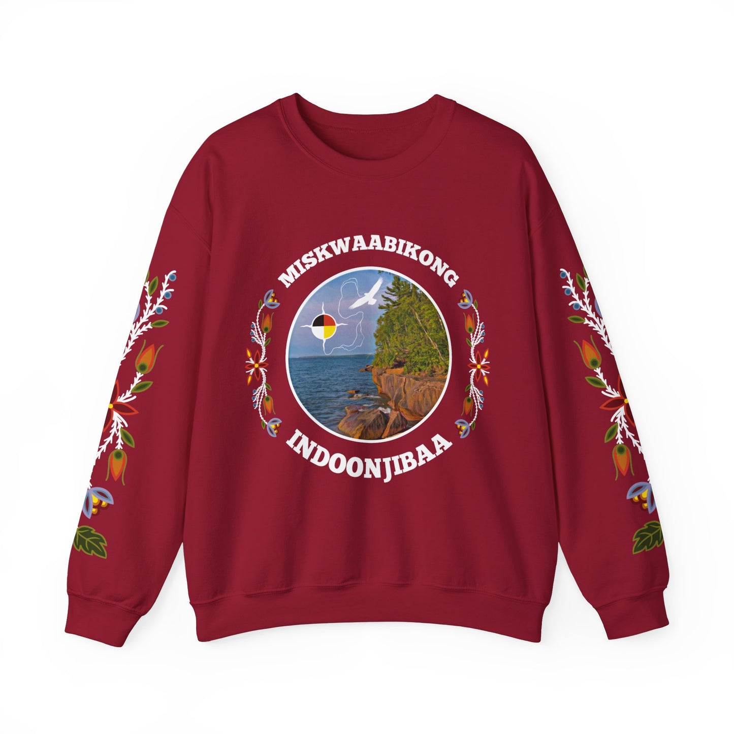 Miskwaabikong Indoonjibaa - Red Cliff Ojibwe Floral Sleeve Design - Unisex Heavy Blend™ Crewneck Sweatshirt