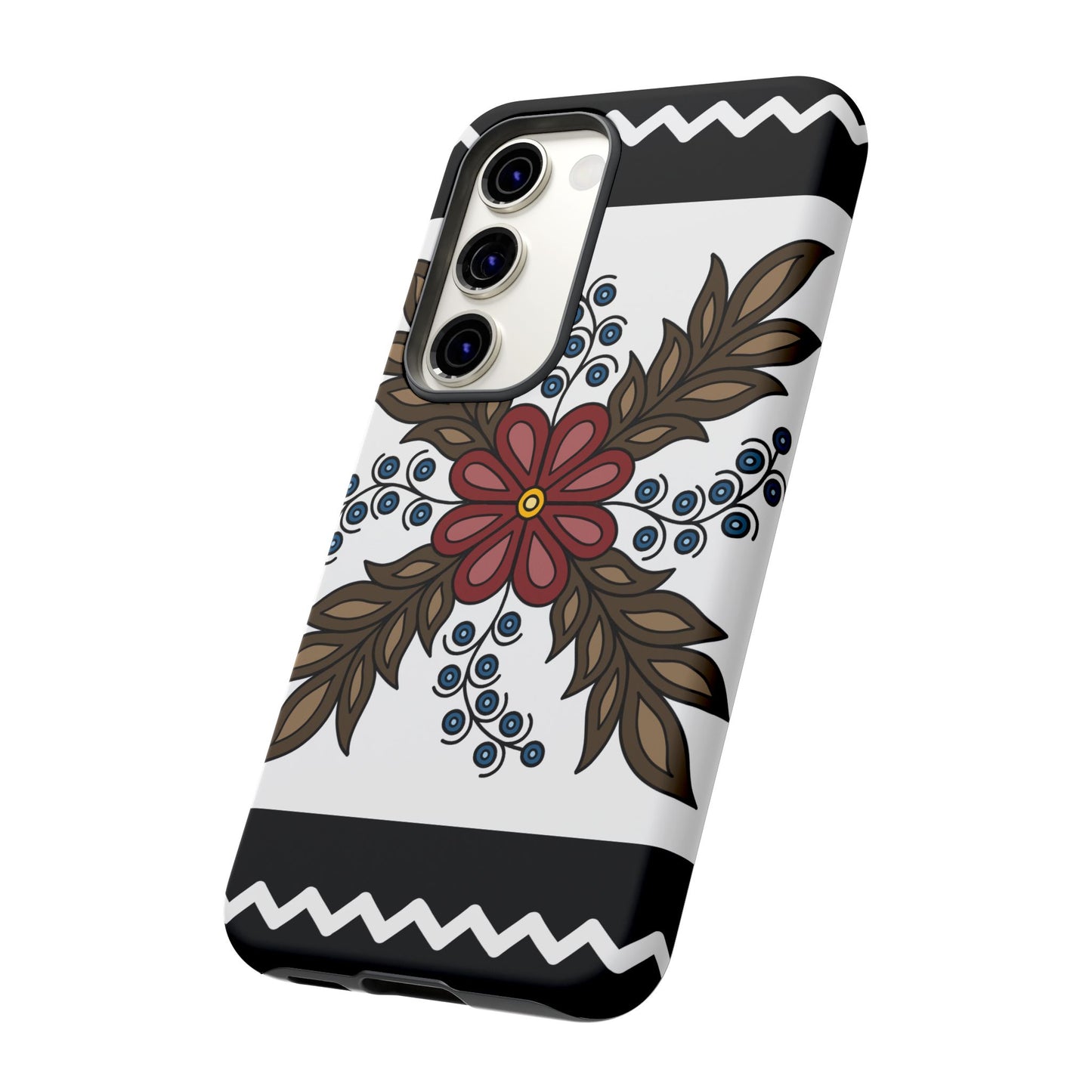 Traditional Style Ojibwe Floral Design With Zig-Zag Geometric Border Design - Tough Phone Cases - Black