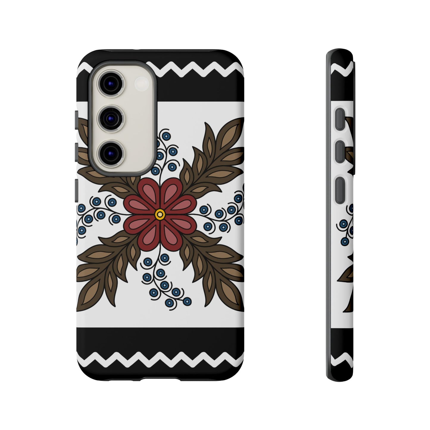 Traditional Style Ojibwe Floral Design With Zig-Zag Geometric Border Design - Tough Phone Cases - Black