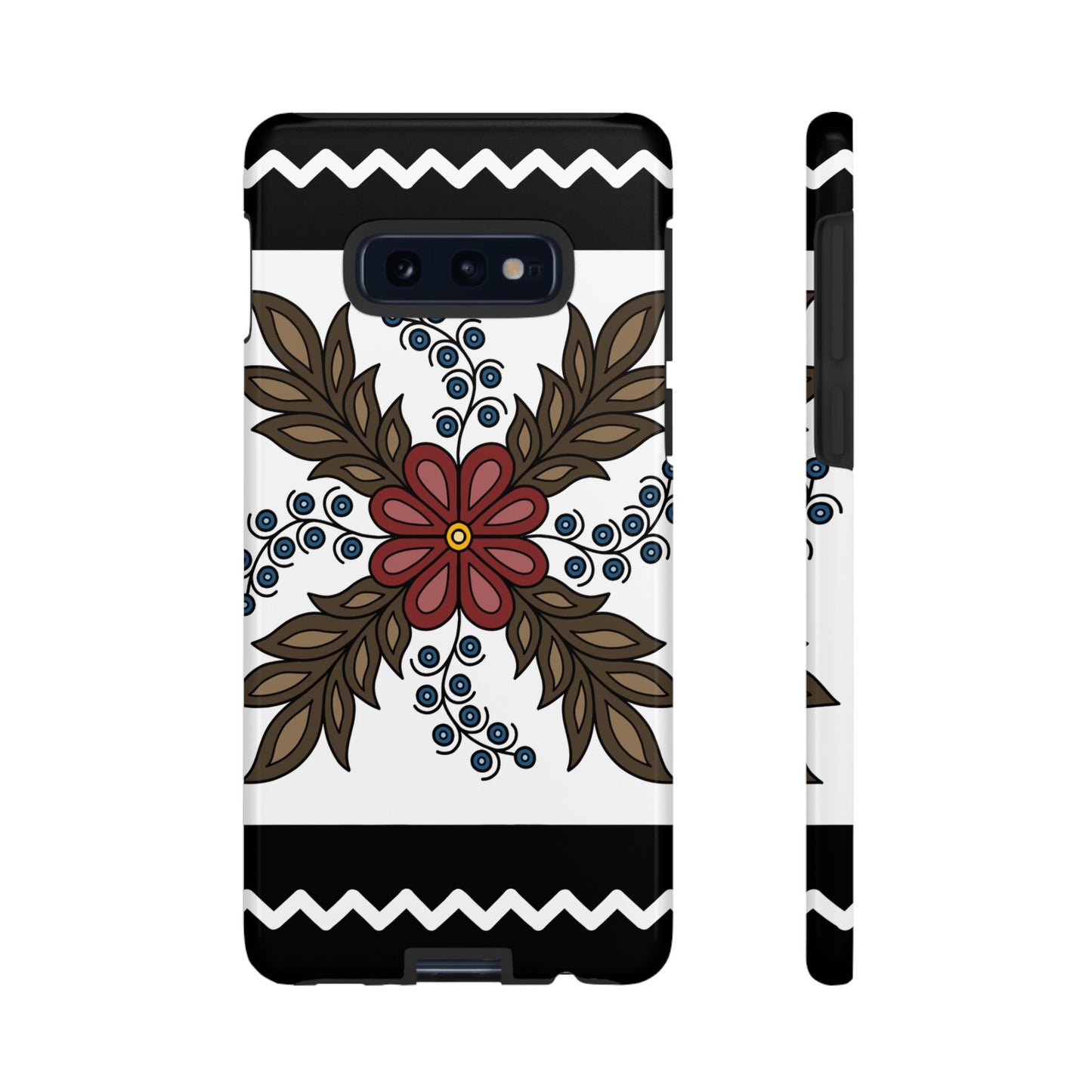 Traditional Style Ojibwe Floral Design With Zig-Zag Geometric Border Design - Tough Phone Cases - Black