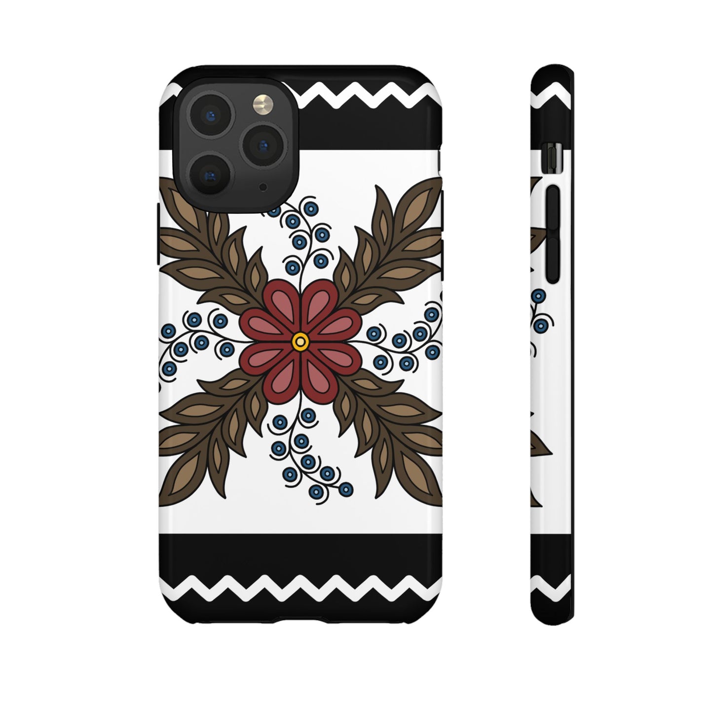 Traditional Style Ojibwe Floral Design With Zig-Zag Geometric Border Design - Tough Phone Cases - Black