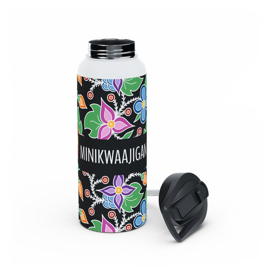 Minikwaajigan/Ojibwemowin For Water Bottle Text - Ojibwe Floral All-Over-Print Design - Stainless Steel Water Bottle, Standard Lid - Colorful