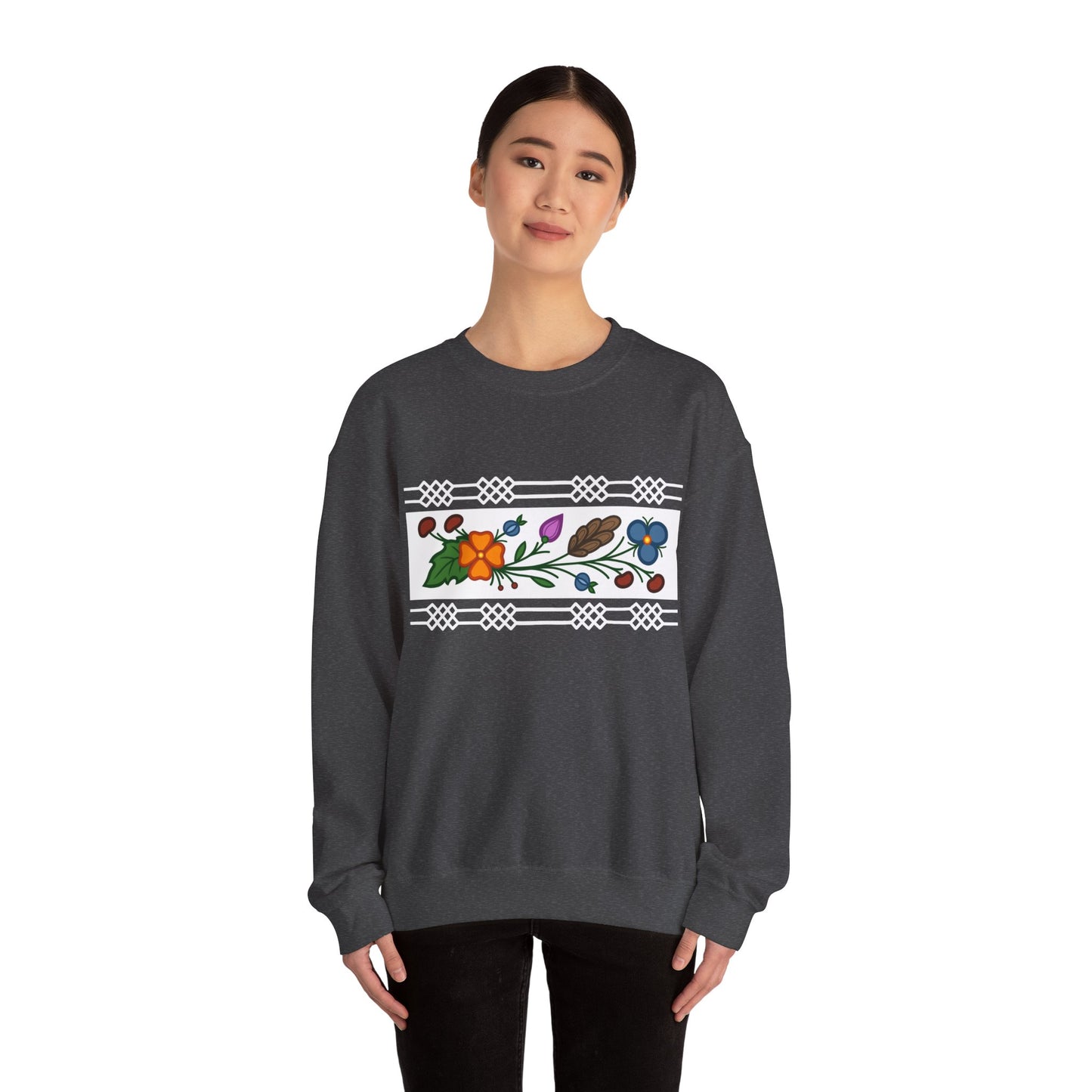 Ojibwe Floral Panel & Otter Track Border Design - Unisex Gildan Heavy Blend™ Crewneck Sweatshirt