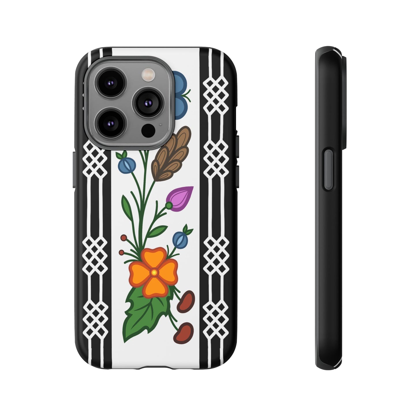 Ojibwe Floral Panel & Otter Track Geometric Border - Tough Phone Cases - Black