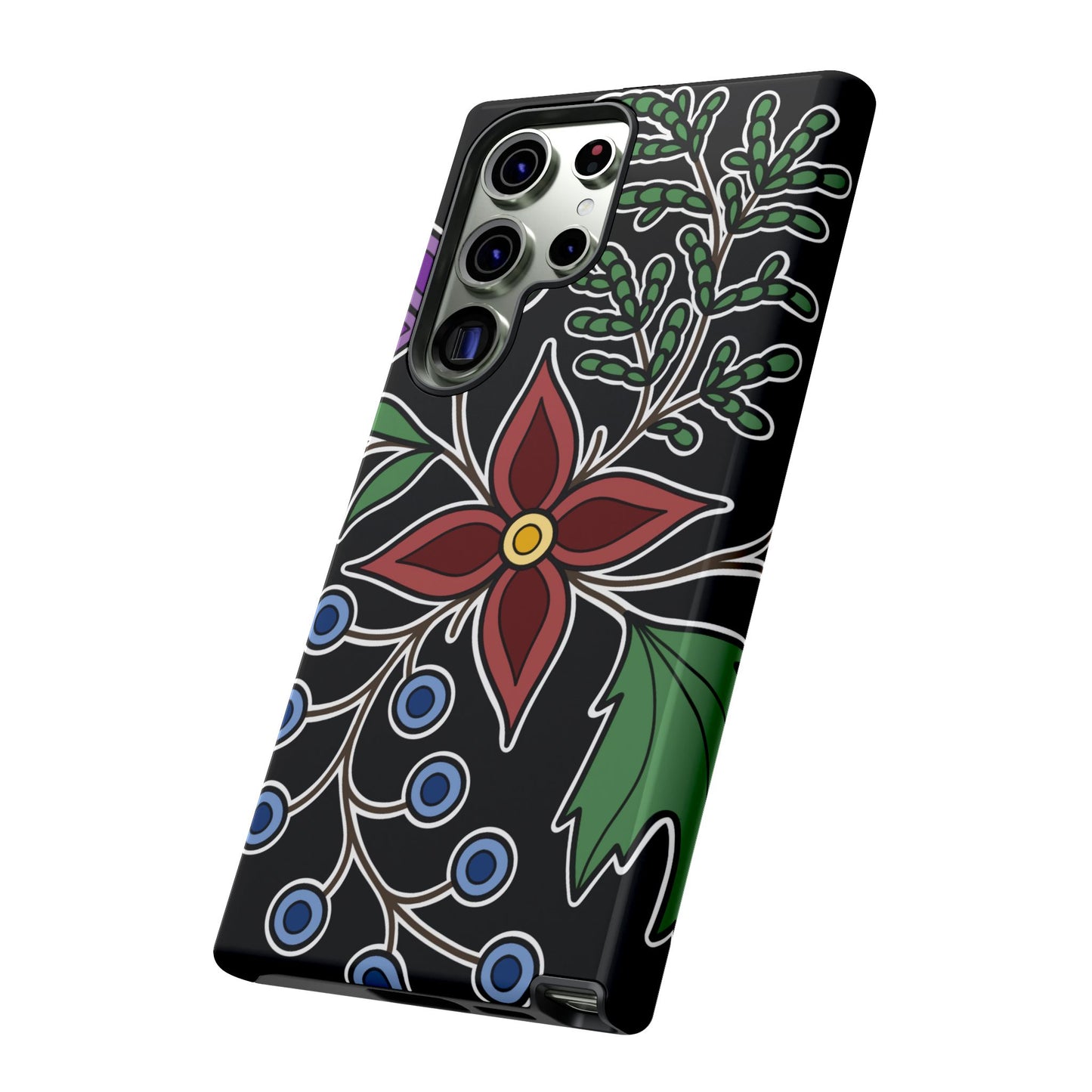 Giizhik (Cedar) & Miinan (Blueberries) Ojibwe Floral Tough Phone Cases - Black