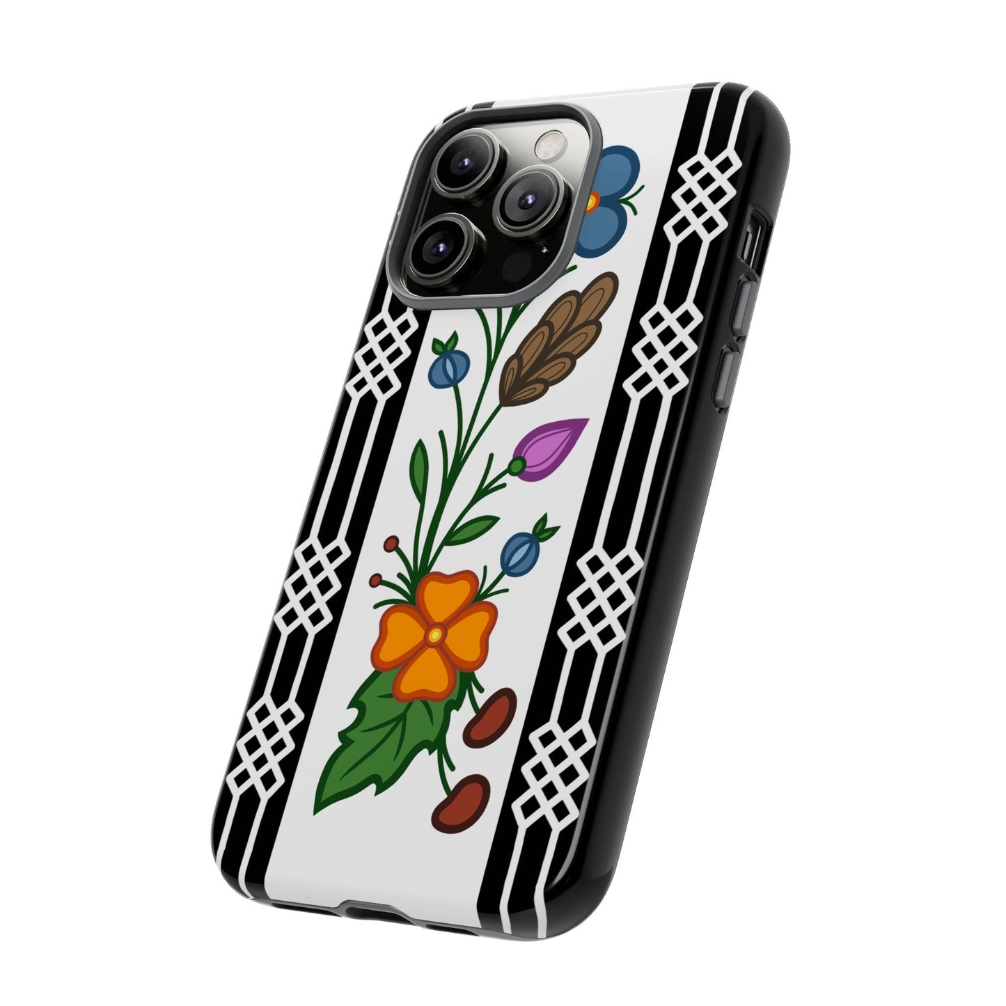 Ojibwe Floral Panel & Otter Track Geometric Border - Tough Phone Cases - Black